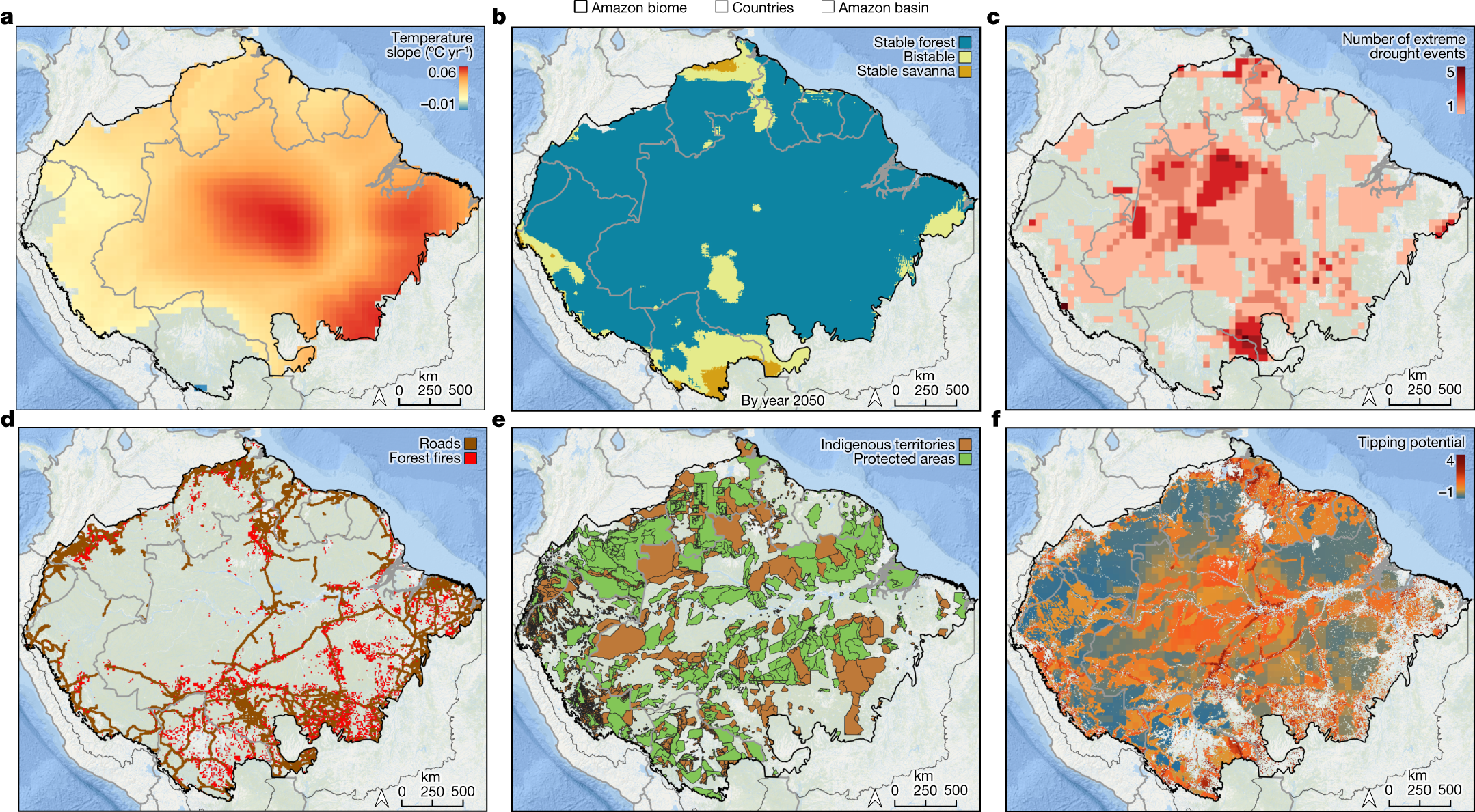 Flores et al. 2024 图 1：亚马孙旱季增温、稳定性、极端干旱、道路与火灾、保护地、临界潜势六幅地图