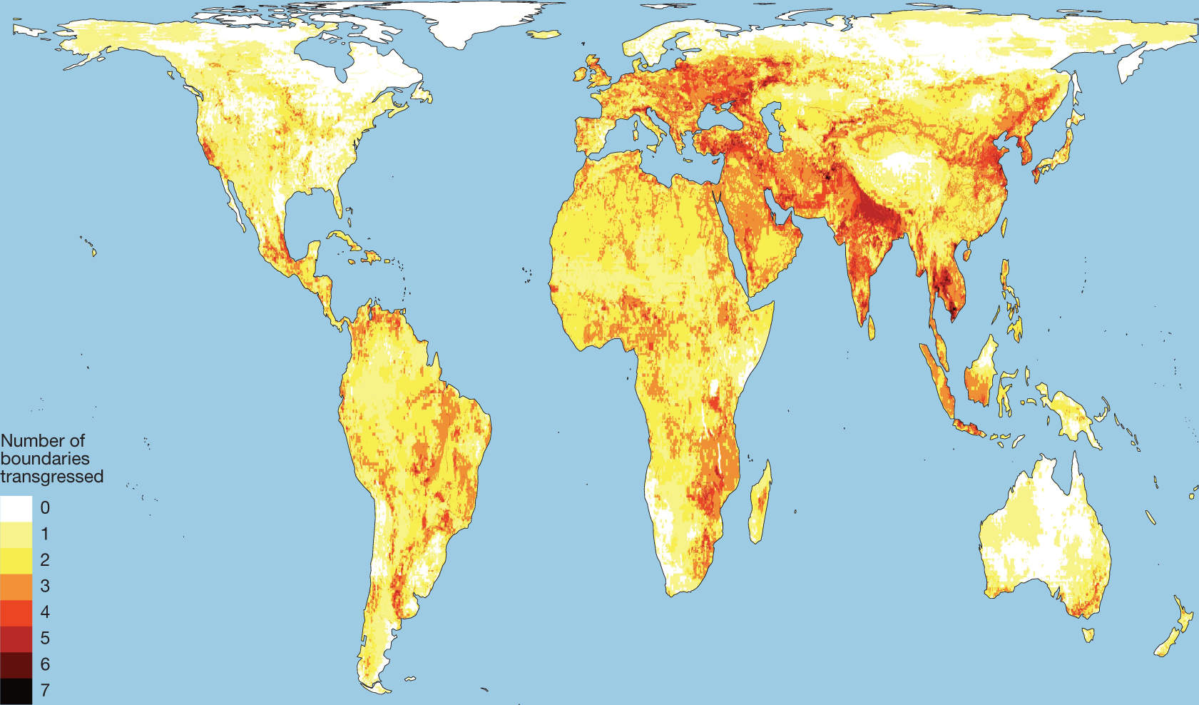 Rockström et al. 2023 图 3：当前区域性安全且公正地球系统边界越界数量的全球热点图